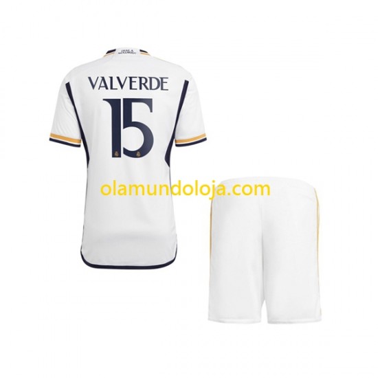 Camisola Real Madrid Federico Valverde 15 Criança Equipamento Primeiro 2023-2024 Manga Curta